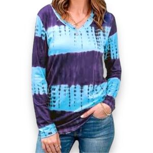 Long Sleeve V-neck 2-Tone Blue Tie Dye Casual Oversized Loose Tee Cotton-Poly